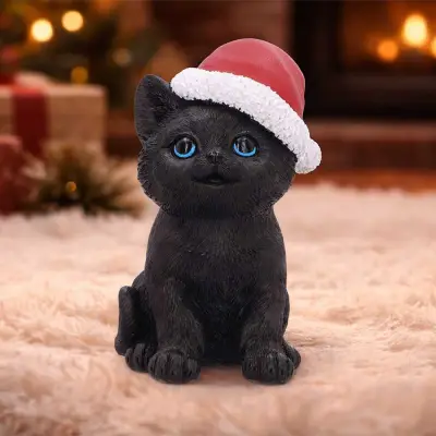 Figurine black cat with santa hat